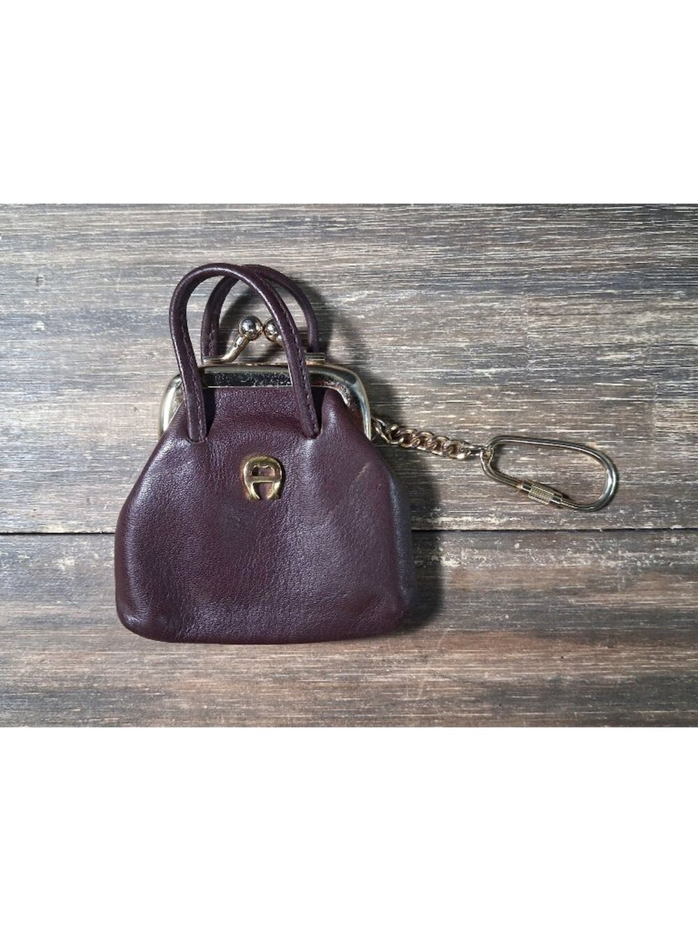Vintage Etienne Aigner Burgundy Red Leather Keychain Coin Purse Gold Tone Logo